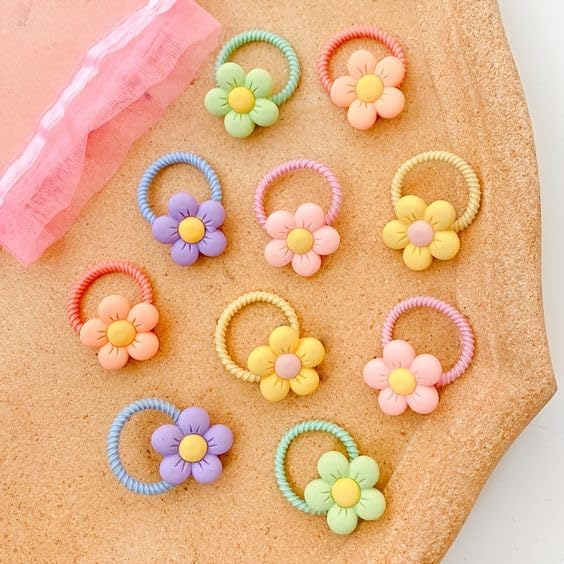 Image of NEOBABY Colorful Flower Design Elastic Hair Bands - Rubber Bands & Hair Accessories for Baby Girls, Toddlers, Kids, and Women (Assorted, Pack of 12 Pairs)