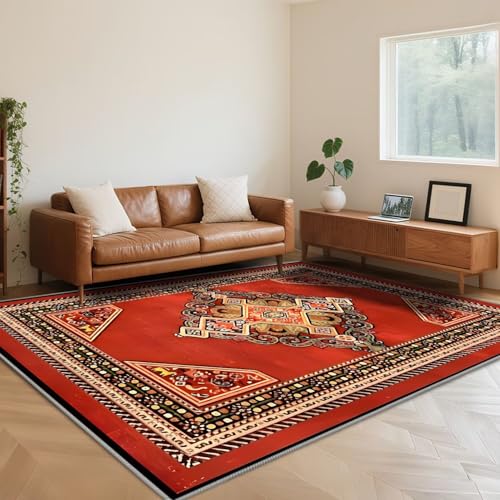 RUGMRZ Alfombra Comedor Grande Pelo Corto 200X300cm,Lavables En Lavadora Estilo Nacional Geométrico Roja para Habitacion Matrimonio,Pasillo,Debajo del Escritorio