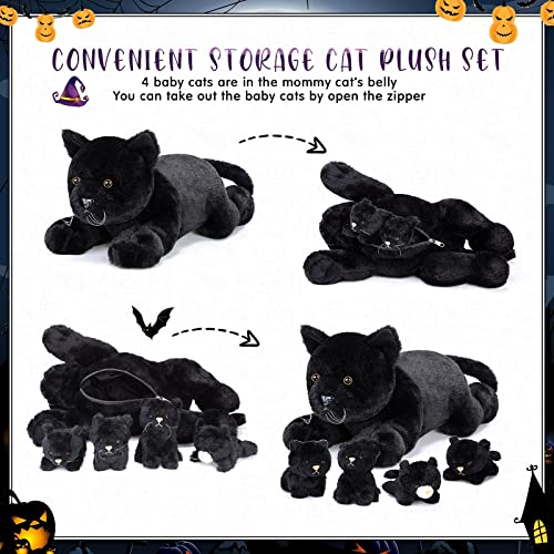 Skylety 5 Pieces Stuffed Animal Plush Cat Set Include Large Soft Cuddly With 4 Cute Fluffy Plush Kittens In Mommy Cat's Belly Nurturing Cat Huggable Sleeping Birthday Gifts (Black, Cute Style) #TOP2