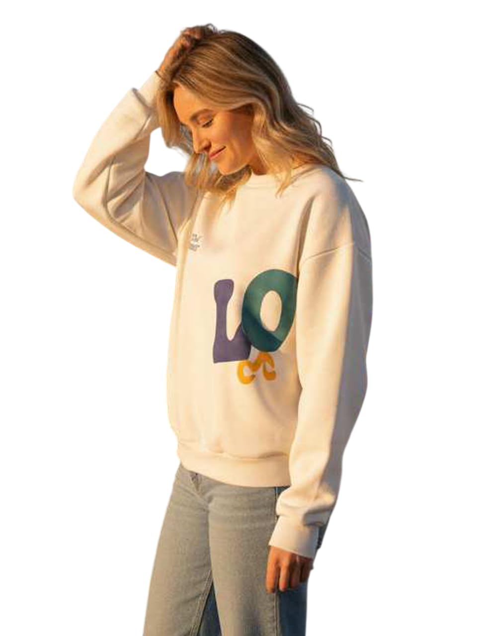 Classic White Sweatshirt, Casual Cotton Blend Pullover Hoodie for Women, Long Sleeve Crewneck, Streetwear Style-image-9