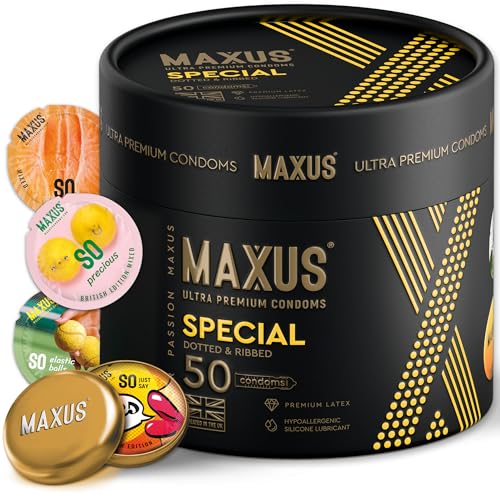 MAXUS Special, 50 Dotted & Ribbed Lubricated Condoms for Men, Regular Fit, Natural Latex, Easy-On Shape, Premium Quality, Includes Stylish Metal Case, Pack of 50