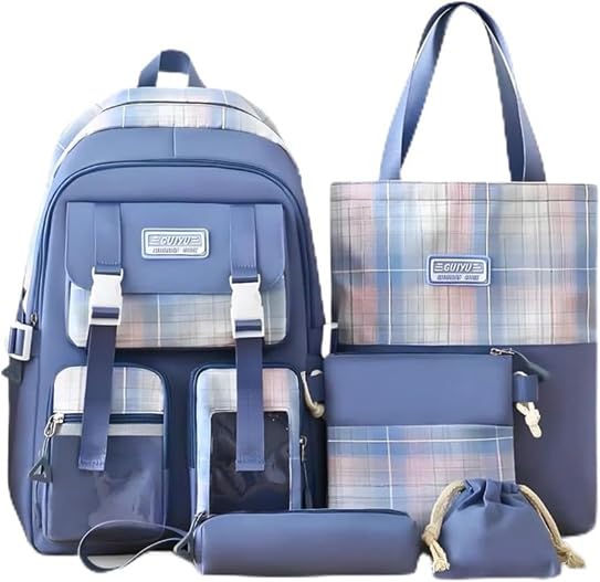 Conjunto de Mochilas e Acessórios, Azul com Detalhes Xadrez, Mochila Principal 43,5 x 32,5 cm