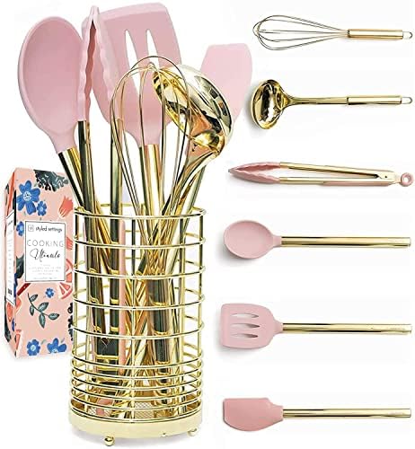 Gold & Pink Kitchen Utensil Set with Holder - Pink Cooking Utensils:Gold Whisk,Gold Ladle,Pink Spatula,Gold Tongs,Pink Spoon,Turner,Gold Utensil Holder - Pink Kitchen Accessories & Pink Kitchen Decor