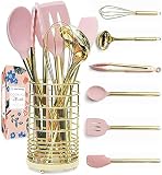 Gold & Pink Kitchen Utensil Set with Holder - Pink Cooking Utensils:Gold Whisk,Gold Ladle,Pink Spatu