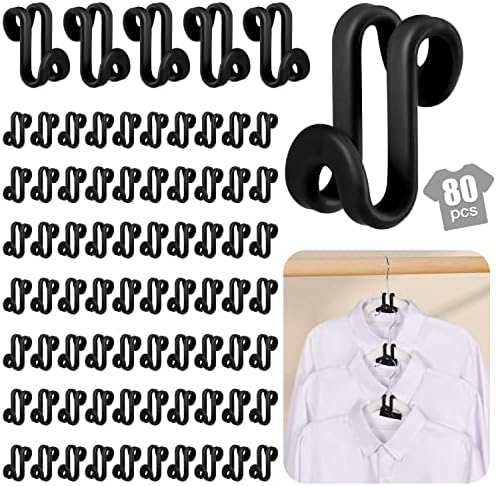 80 PCS Black Clothes Hanger Connector Hooks， Plastic Mini Cascading Hooks Organizer for Stack Clothes Space Saving for Closet Heavy Duty, Black