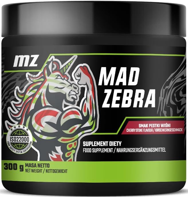 Mad Zebra Pre-Workout Powder 300g – 2000 mg L-Citrulline en 3000 mg L-Arginine per portie – 30 porties voor meer energie en uithoudingsvermogen – Bittere kersensmaak – van MZ
