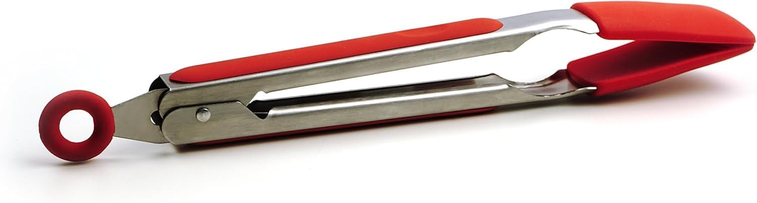 RSVP International Endurance Kitchen Utensil Collection Stainless Steel Locking Tongs for Cooking, 10.75" Length, Square Tip, Red Non-Slip Silicone