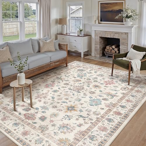 PureCozy Rugs Living Room 240x300 cm Vintage Washable Non Slip Area Rugs Retro Floral Extra Large Carpet for Bedroom Dining Room Hall Lounge Office Indoor Home Decor, Multicolored