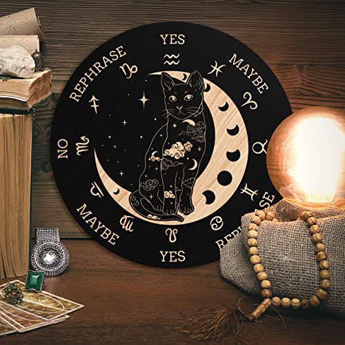 INFUNLY Wooden Pendulum Board 7.9" Cat Moon Witch Dowsing Divination Planchette Board Metaphysical Message Board with Healing Crystal Necklace Witchcraft Wicca Altar Supplies Kit - Image 4