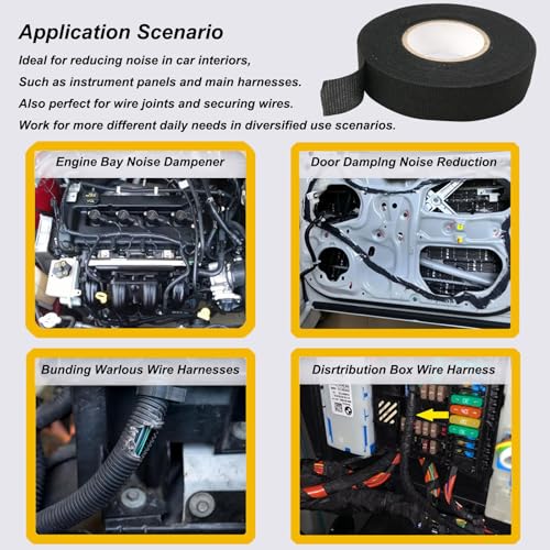 Image of 1 Inch x 50 FT Self-Adhesive Fabric Wire Harness Tape - 5 Rolls Wide Automotive Electrical Cable Loom Wrap, High Temp Heat Resistant, Engine Wiring Protection Starter Kit