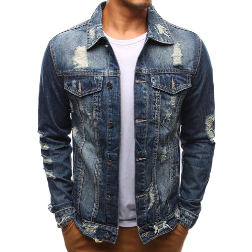 Maiyifu-GJ Men's Distressed Jeans Jacket Button Front Casual Denim Trucker Jacket Single Row Buckles Long Sleeve Jacket2