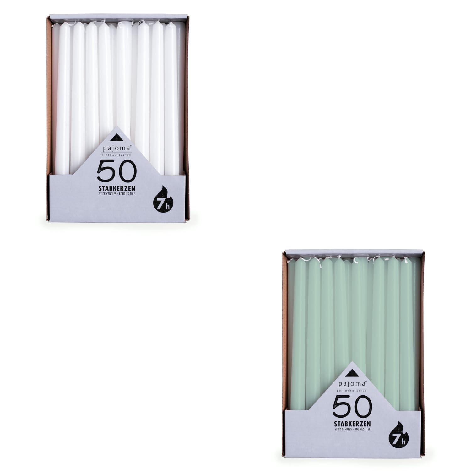 pajoma® Stabkerzen Weiß, Grün 2x 50 Stück | Höhe 25 cm, Brenndauer ca. 7 Stunden | Duftfrei, vielseitig einsetzbar für Kerzenhalter, Deko & festliche Anlässe