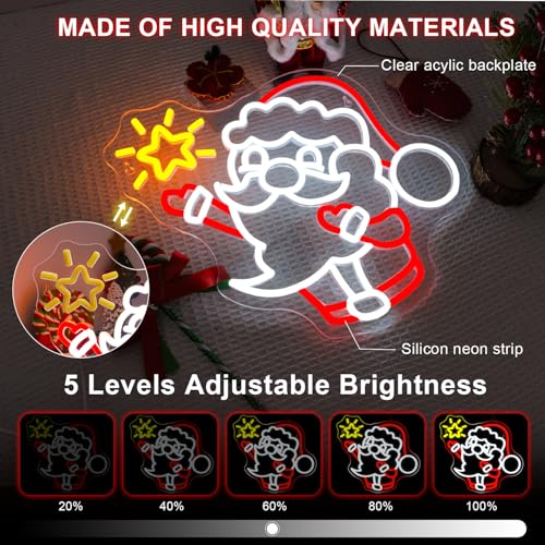 Image of LUCUNSTAR Christmas Neon Sign Dimmable LED Santa Claus raises stars Light up Sign for Bedroom USB Powered Home Party Living Room Cafe Bar Outdoor Wall Decor