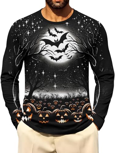 Halloween T Shirt for Men Spooky Graphic Pullover Tops Crewneck Long Sleeve Shirts Fall Winter Fashion Clothes