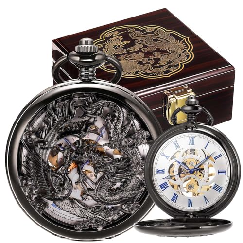 Image of ManChDa Antique Mechanical Pocket Watches for Men Lucky Dragon Phoenix Pocket Watch with Chain Skeleton Dial Roman Numerals Gifts for Fathers Day