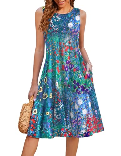 Image of HOTOUCH Summer Casual Dresses for Women Sleeveless Midi Dress Swing Tank Sundress Pleated Tshirt Dress with Pockets