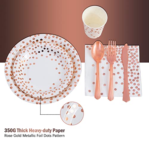 Clawsoff 175Pcs White And Rose Gold Party Supplies, Serves 25 Set Disposable Party Dinnerware, Plastic Forks Knives Spoons, Golden Dot Paper Plates, Napkins Cups For Baby Shower, Birthday, Wedding #TOP3