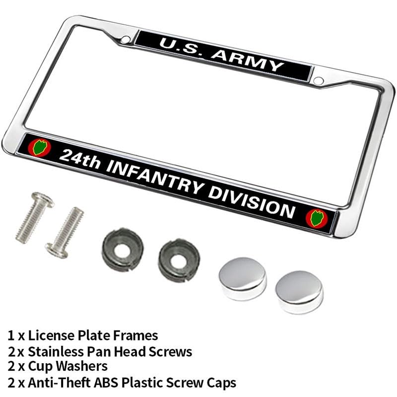 Image of US Army 24th Infantry Division License Plate Frame Metal Auto Tag Holder | US Army 24th Infantry Division License Plate Frame Chrome Metal Car Tag Cover Fit Standard US Auto Trucks Exterior Hardware