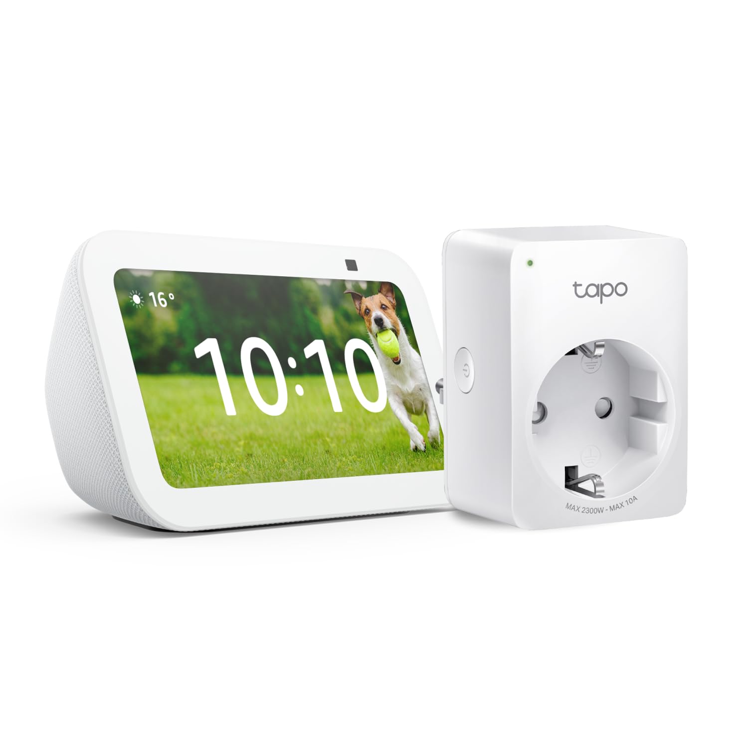 Echo Show 5 (3.ª generación) | Blanco + Tapo P100MA - Matter Mini Enchufe Inteligente, compatible con Alexa - Kit de inicio de Hogar digital