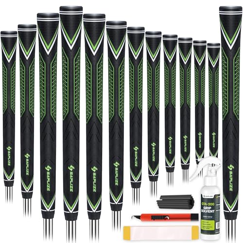SAPLIZE High-performance Rubber Golf Grips 13 Pack, High Shock Absorption, Non-slip, Choose from 13 Grips with 15 Tapes or Full Regripping Kit, Std/Mid/Jumbo, CC10 Series, Midsize, Green