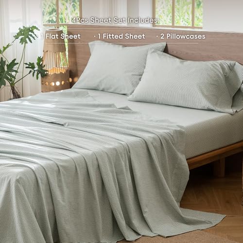 Image of MooMee Striped Sheet Set 100% Washed Cotton Linen Like Cal King