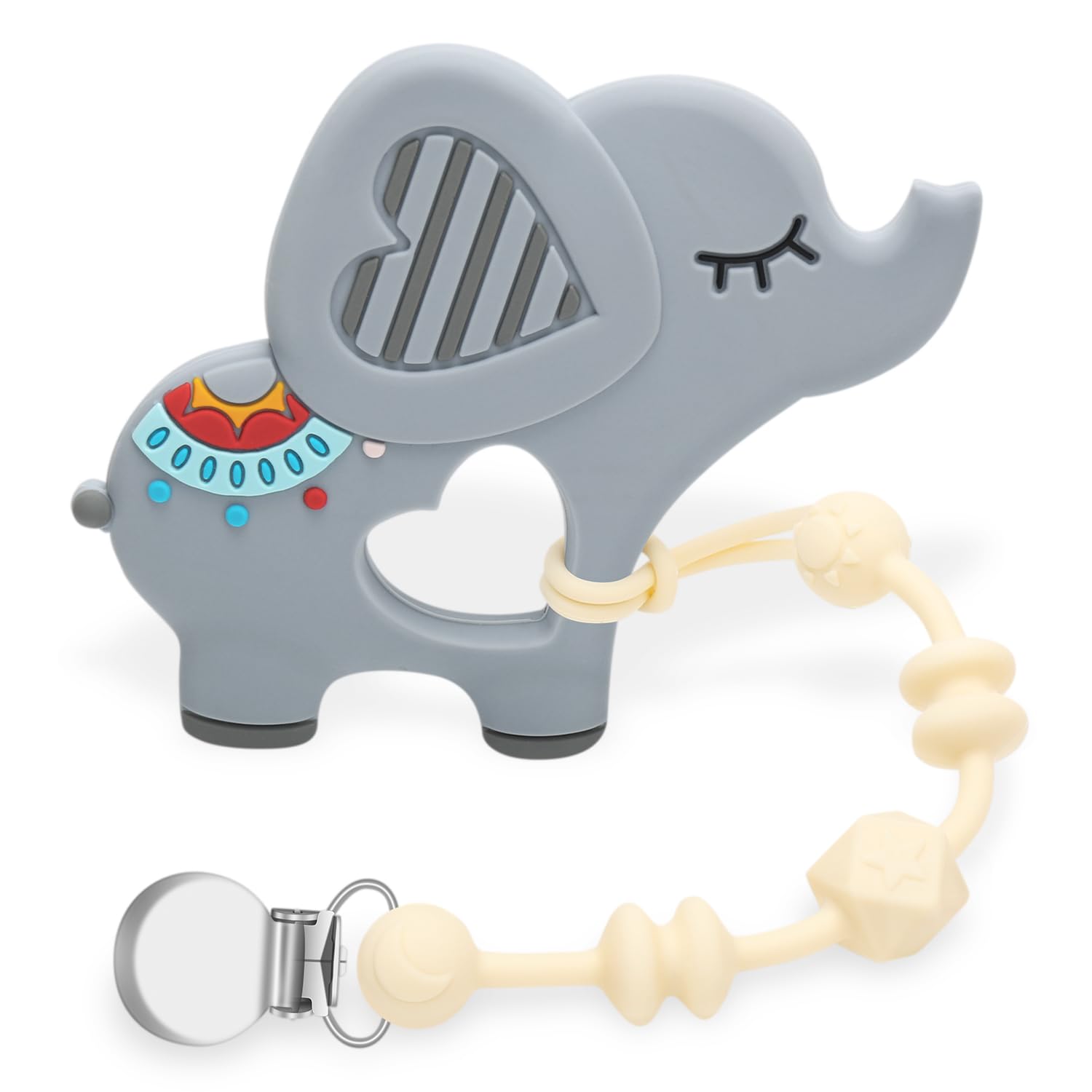 CLDYTeething Toys for Baby, Baby Teethers with Clip Silicone Baby Silicone Teething Toys for Boys and Girls Infant Teething Relief for Teething Elephant Shape, Elephant Grey (Starry Chain+Elephant)
