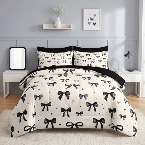 Image of Nesker Bow Comforter Set Queen Size, 7 Pieces Bed in a Bag, Black Bow Bedding Set for Girls, Coquette Heart Comforter Set with 2 Pillowcases & 2 Shams