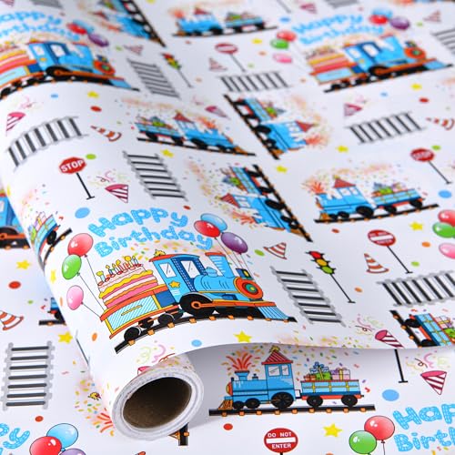 Sikiweiter Train Wrapping Paper - 17 in x 16.5 ft - Birthday Train Gift Wrap for Kids Toddlers Train Party Supplies & Decorations