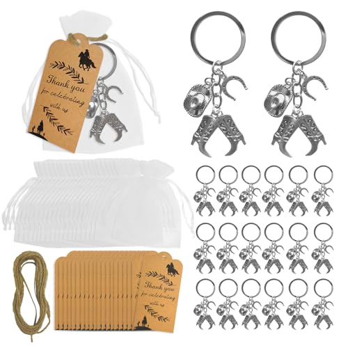 61Pcs Western Cowboy Party Favors, Hat Boot Horseshoe Themed Keychain, Organza Bag, Thank You Card and Rope Country Party Decorations, Western Gifts for Both Cowboys and Cowgirls
