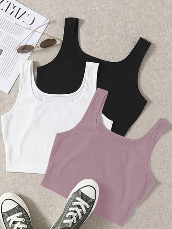Image of Toochki Women's Knitted Sleeveless Solid Sqaure Neck Ribbed Tank & Crop Tops (Pack of 3)