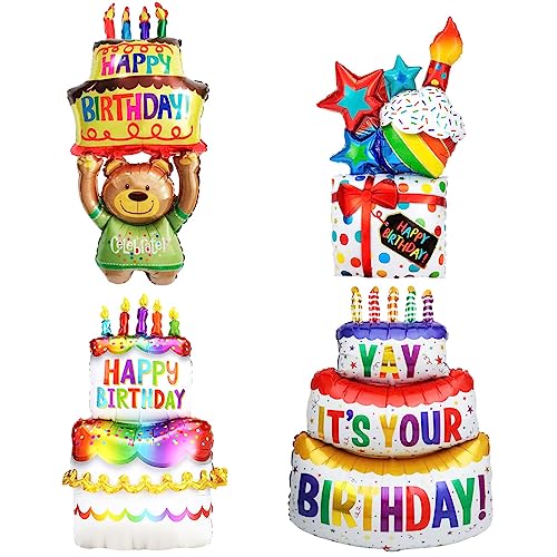 Folienballon Happy Birthday Torten XXL,Happy Birthday Deko Bär,Geschenk+Torte+Bären Geburtstagsluftballon, Aufblasbare Torte Helium Ballon,Kuchen Folienluftballon Party Dekoration-4 Stück