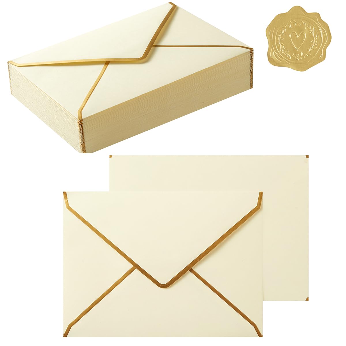 Topeen 50 Pieces A7 Envelopes with Gold Border, 5.24 x 7.21 Inches Envelopes with Gold Stickers for Greeting Cards and Invitation (Cream Color, A7-5x7)