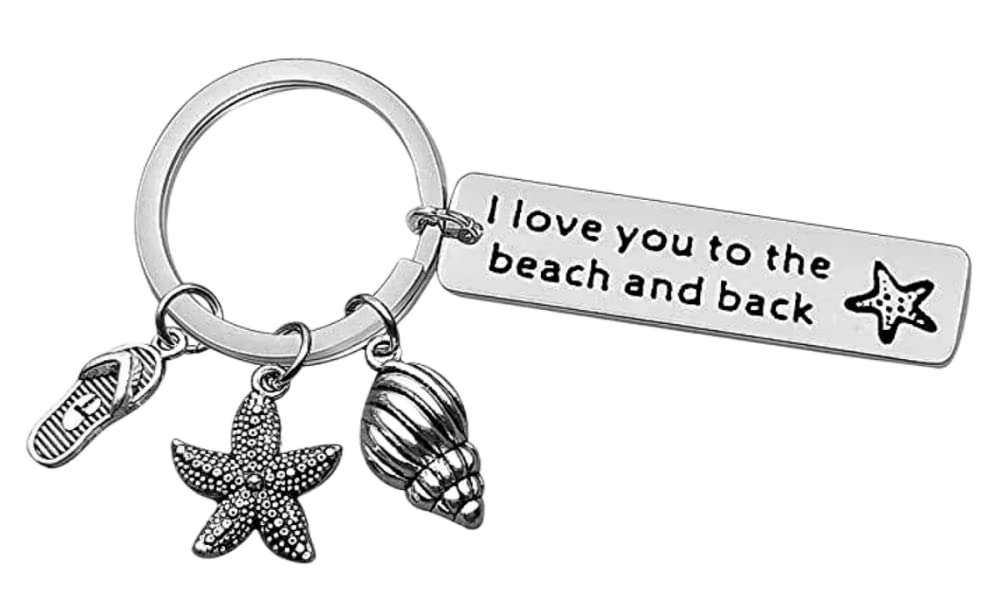 I Love You to The Beach and Back Keyring Nature Lover Gift Starfish Keychain for Couple Lover Family Friends (Grey beach Style)
