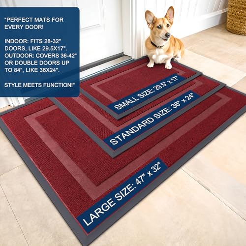 OLANLY Front Door Mat Indoor Outdoor Entrance, Waterproof All-Season, All-Weather Doormat, Sturdy Natural Rubber, Fade Resistant, Low Profile, Easy Clean Patio Porch Entryway Mat, 59x30, Wine Red