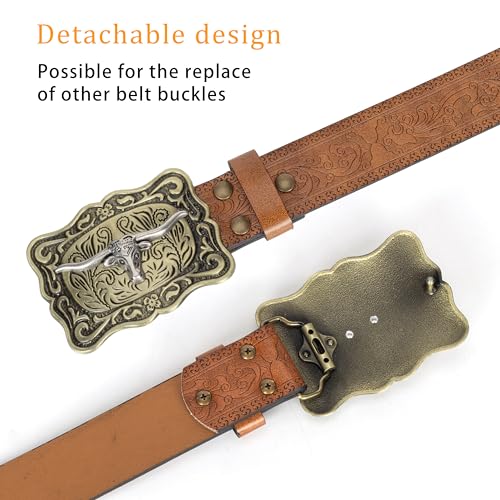 Western-Cowboy-Belts for Women Men Vintage Floral-Engraved Bull Head Buckle Cowgirl-Waist-Belt for 25 to 38" Waist4
