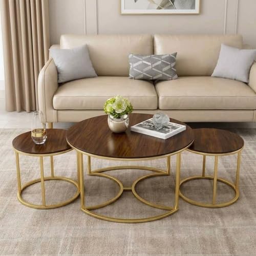 Image of 3 Piece Living Room Table Set, 1 Center Table and 2 End Nesting Tables NO-Tools Assembly Round Stacking Coffee Side Tables for Small Spaces, Nightstand Bedside Table