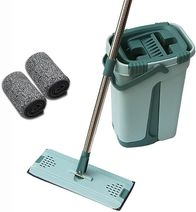 Advanced Self-Wring Flat Mop and Bucket Set Microfiber Floor mop Cleaning System for All Floors - Wet & Dry Use, Mop Bucket Stainless Steel Handle Included - Green | مجموعة ممسحة أرضية مع دلو مبتكرة