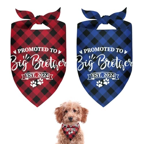 Image of Ywomgcj Promoted to Big Brother Dog Bandana 2 Pack Plaid Dog Bandana Triangle Pet Scarf Pregnancy Announcement Dogs Bandana Gender Reveal Dogs Outfit (Blue,Red) Small