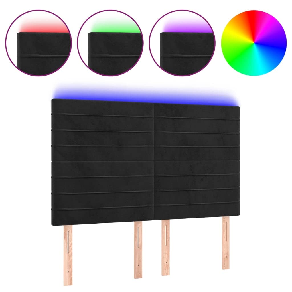 Cabecero LED Cama 144 x 118/128 cm Negro Terciopelo Altura Ajustable RGB Iluminación Moderno Cojín de Pared Estilo para Jóvenes y Adultos Dormitorios