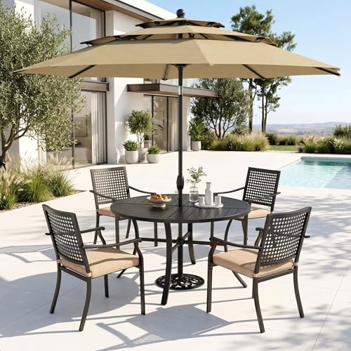 PHI VILLA 5-Piece Round Patio Dining Set with Umbrella