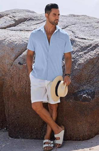 Image of COOFANDY Men's Button Down Shirts Short Sleeve Casual Shirts Summer Beach Linen Shirts with Pocket