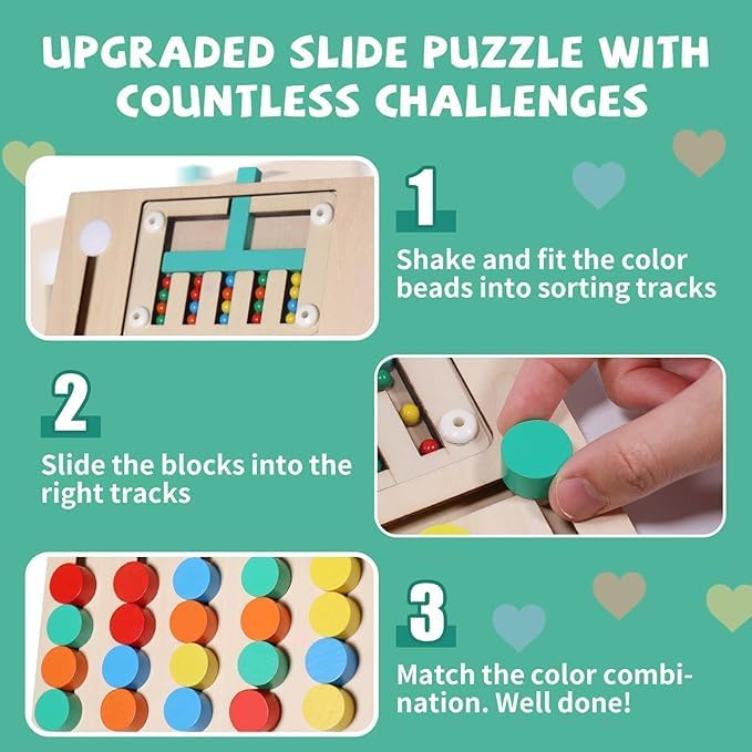 Image of Montessori Wooden Slide Puzzle for Kids 3-8 Years | 5-Color Sorter & Pattern Matching Educational Brain Teaser | Travel Activity Toy for Boys & Girls