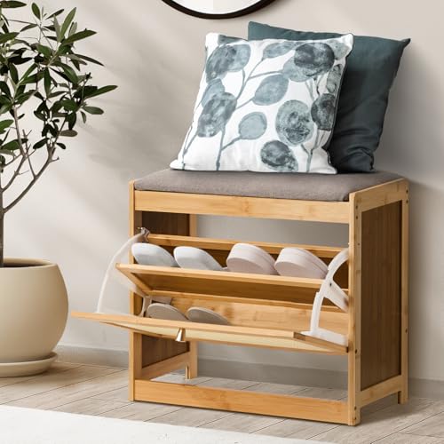 Oikiture Bamboo Shoe Bench with Flip Drawers 50 * 45 * 25cm