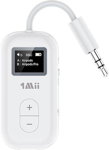 1Mii Airplane Bluetooth 5.3 Adapter for 2 Wireless Headphones, Supports AD/LL/HD, 3.5mm AUX Bluetooth Audio Transmitter for TV/PC/Airplane/Gym, 30H Playtime, Essential for Airplane Travel