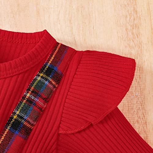 Hnyenmcko Newborn Baby Girl Christmas Clothes Infant Red Plaid Romper Dress Ruffle Long Sleeve Ribbed Bodysuit Headband Set3