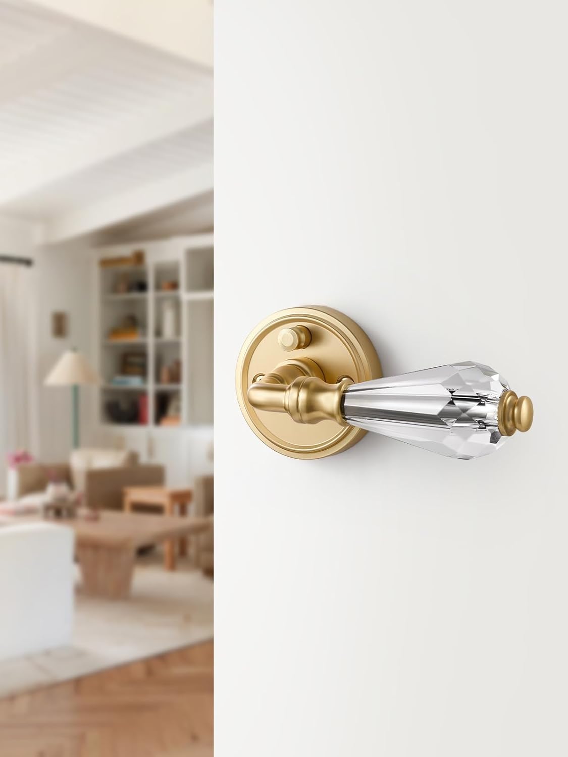 1 Pack Gold Glass Door Lever Privacy Crystal Door Levers Satin Brass Door Lever Interior Brushed Gold Door Handle for Bedroom and Bathroom,Zinc Alloy