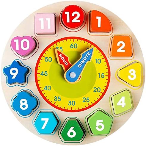 Wooden Shape Color Sorting Clock- Teaching Time Number Blocks Clock Shape Sorting Puzzle Montessori Early Learning Educational Toy Gift for 1 2 3 Year Old Toddler Baby Kids