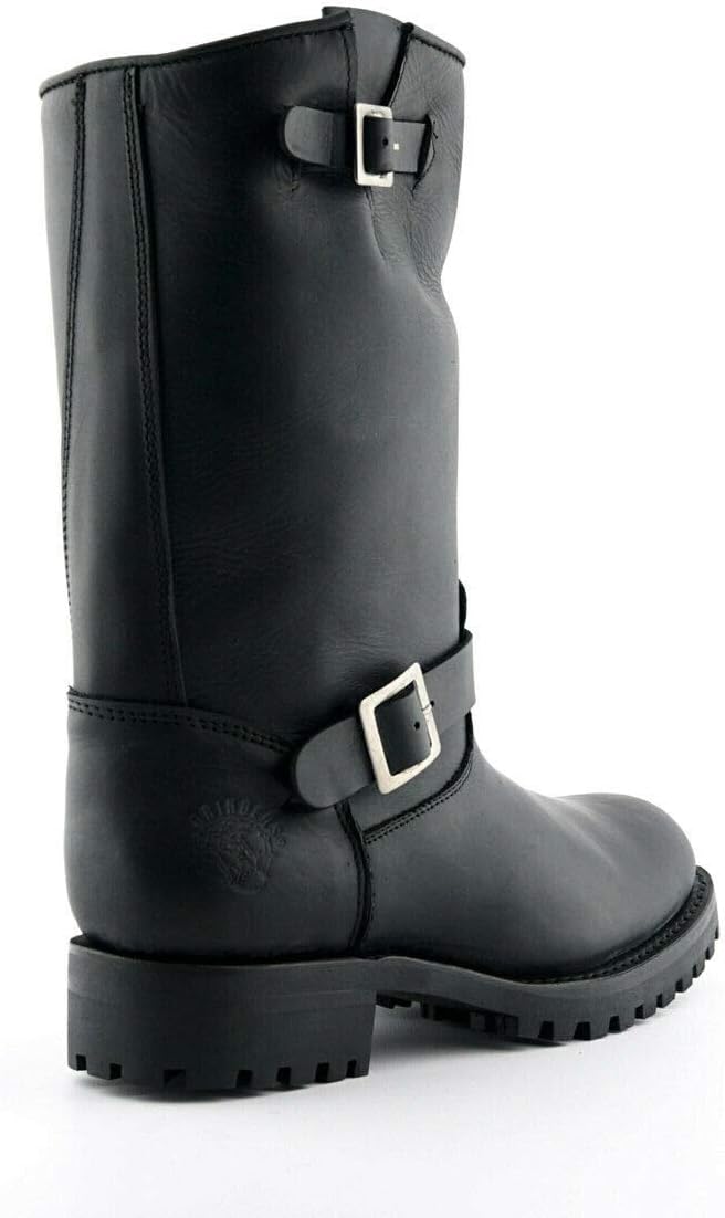 Grinders Men's Engineer Wild One Black Leather Biker Western Combat Boots with Buckle Fastening