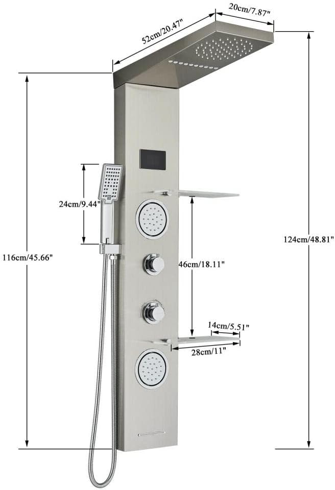 LED Shower Panel Tower System Rain Waterfall Massage Jet Body Spryaer Stainless Steel with shelf
