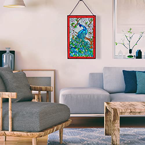 Vewogarden W10 Xh15 Peacock Art Glass Suncatcher Hand Painted Stained Glass Panel Hangings Window Decor With Chain #TOP3